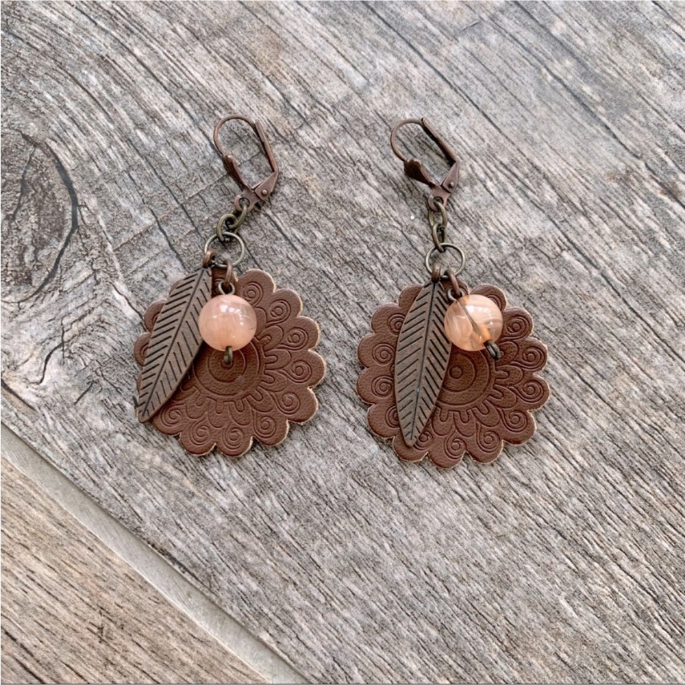 Brown Scalloped Earrings with Feather Detail
